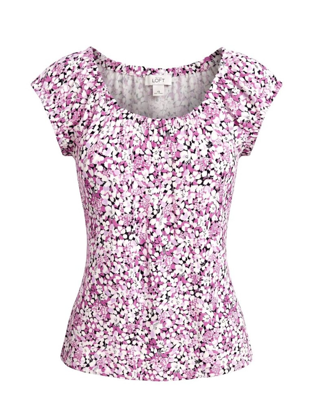 LOFT Womens XS Pink Floral Blouse Cotton Stretch Cap Sleeve Ruched Neckline EUC